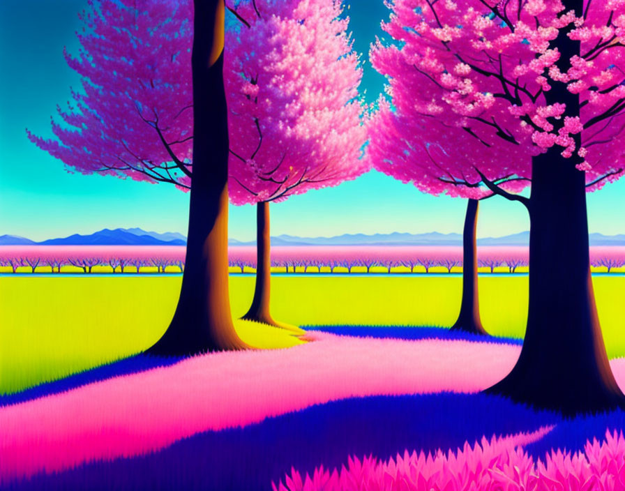 Colorful Cherry Blossom Trees in Vibrant Landscape