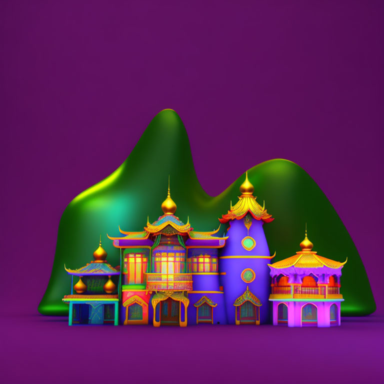 Vibrant Traditional Asian Buildings with Golden Roofs on Purple Background