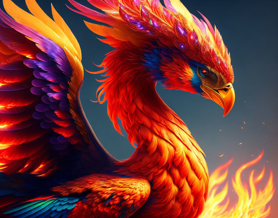 Colorful Phoenix Illustration with Fiery Wings and Plumage