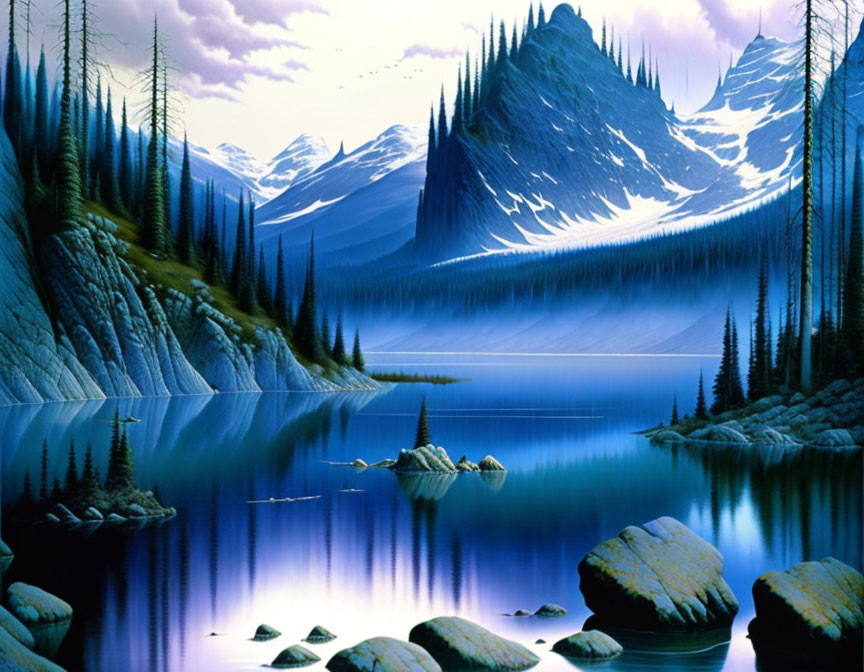 Mystical landscape with blue lake, pine trees, mountains, and twilight sky