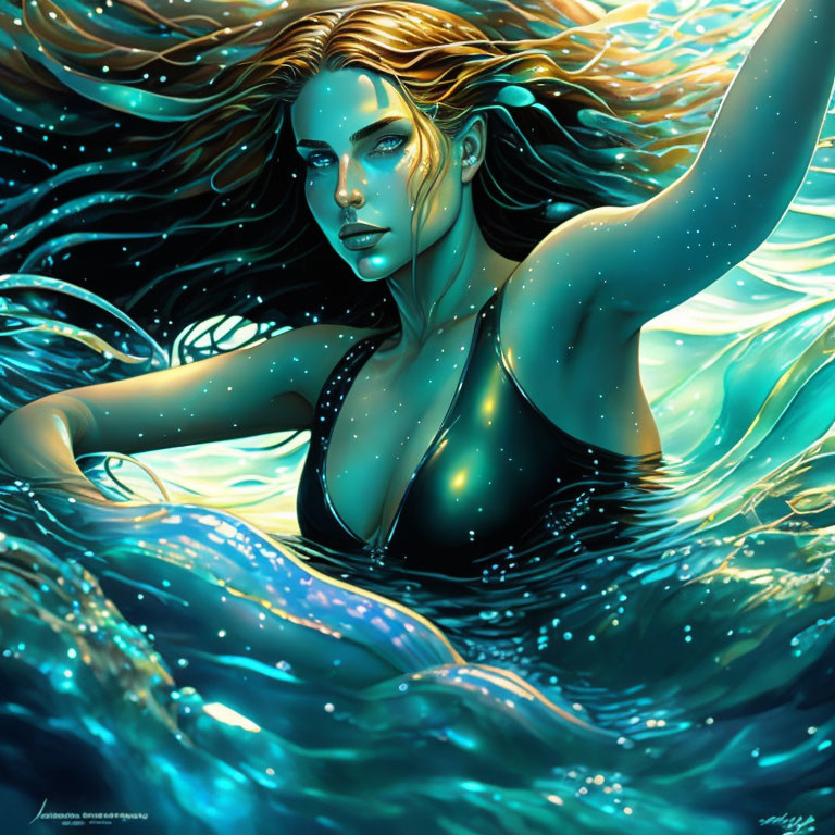 Digital artwork: Female figure with blue skin and long hair in water surrounded by luminous waves