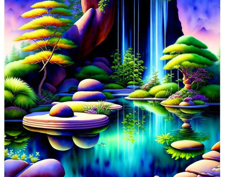 Colorful Trees, Waterfall, Stepping Stones in Fantasy Landscape