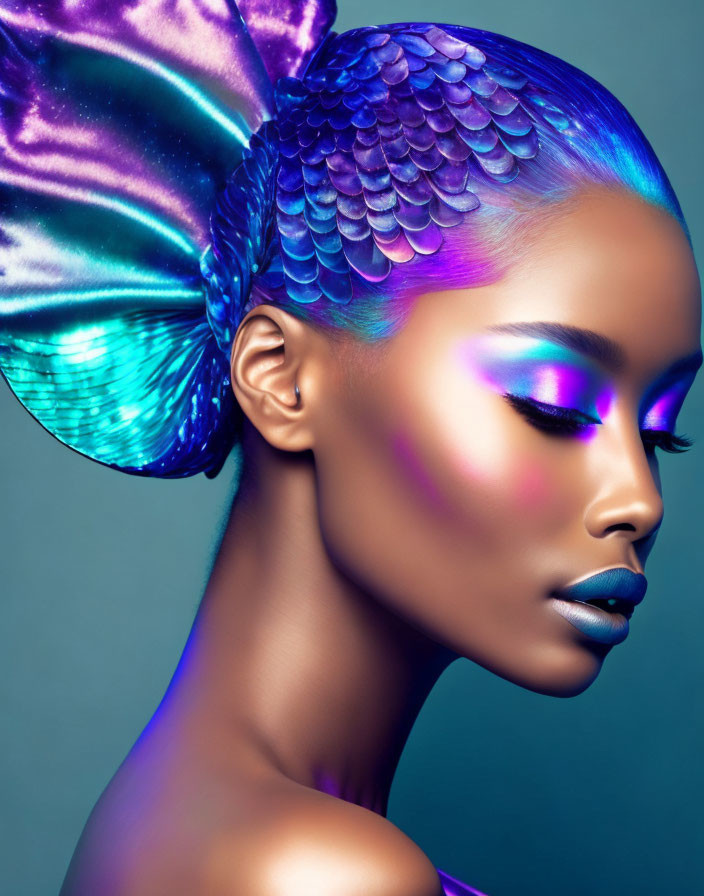 Iridescent Mermaid-Inspired Makeup with Fish-Like Headpiece