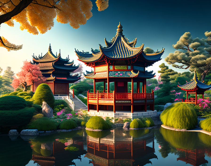 Traditional East Asian Pavilions Surrounded by Cherry Trees and Calm Waters