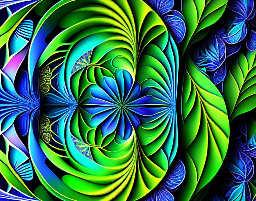 Colorful digital art: intricate leaf and floral patterns in blue, green, and yellow