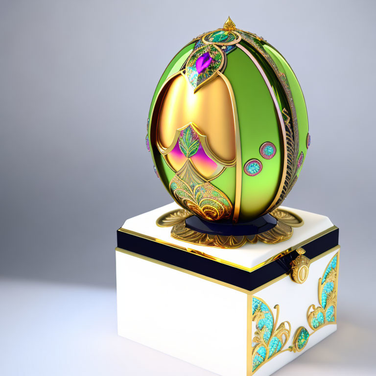 Luxurious jeweled egg on elegant gold and blue box with intricate patterns