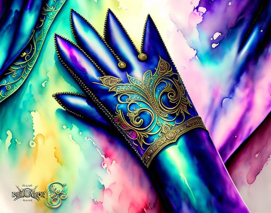 Golden Design Embellished Glove on Multicolored Watercolor Background