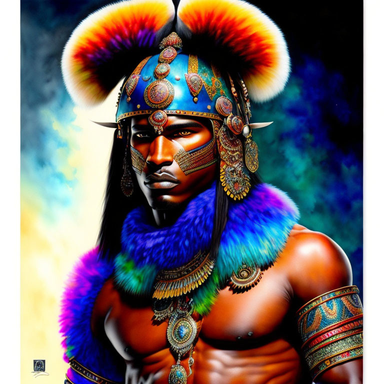 Colorful Illustration of Person in Tribal Attire with Feathered Headdress