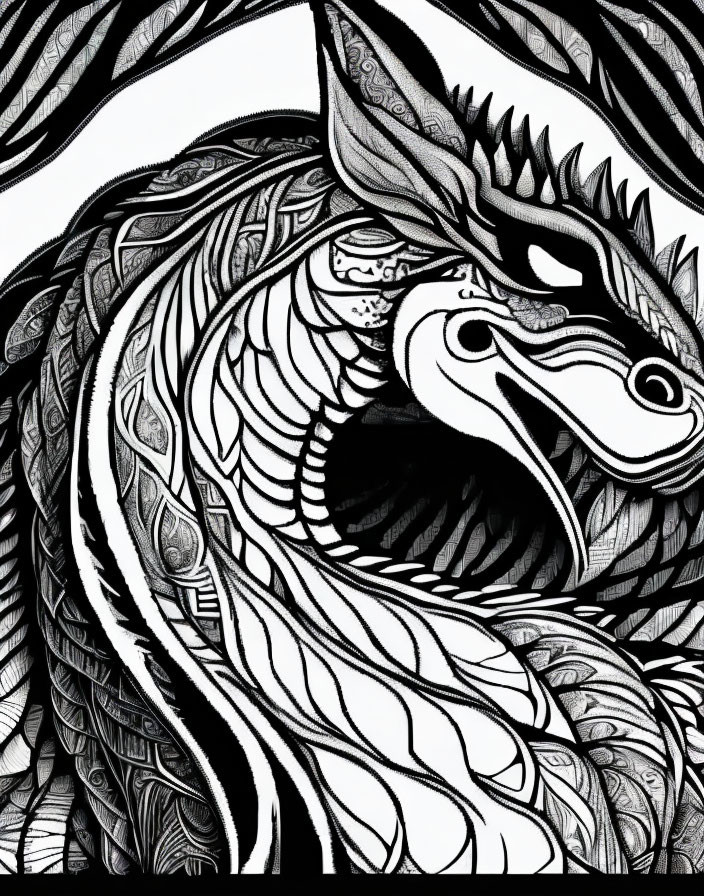 Detailed monochrome dragon illustration with intricate scales and feathers.