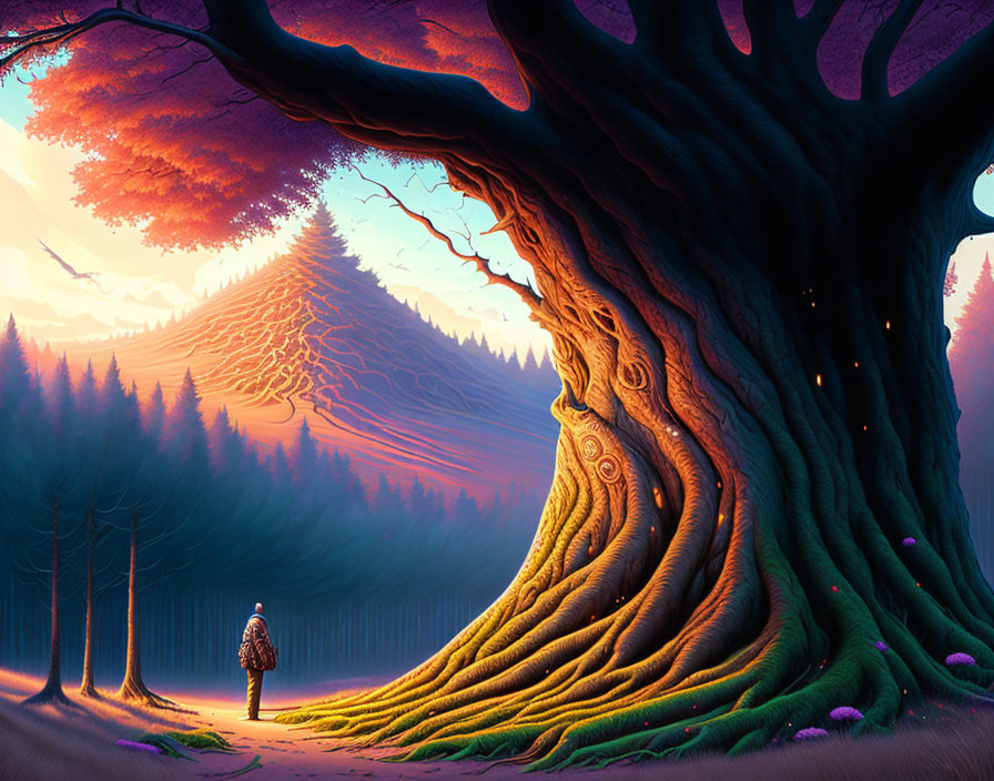 Person standing beneath giant tree in mystical forest at sunset