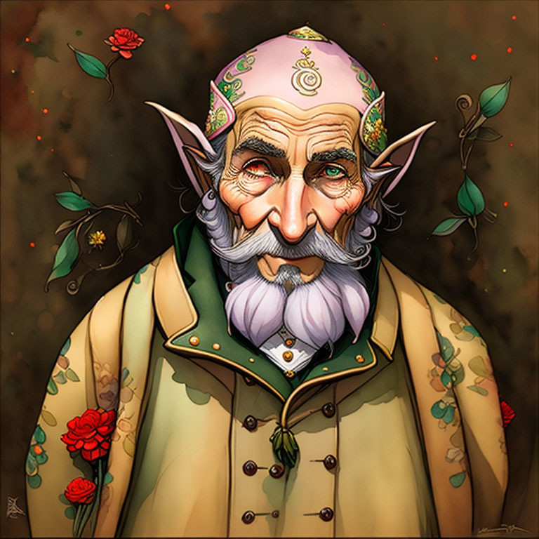 Elderly male elf with white beard in green cloak among red roses