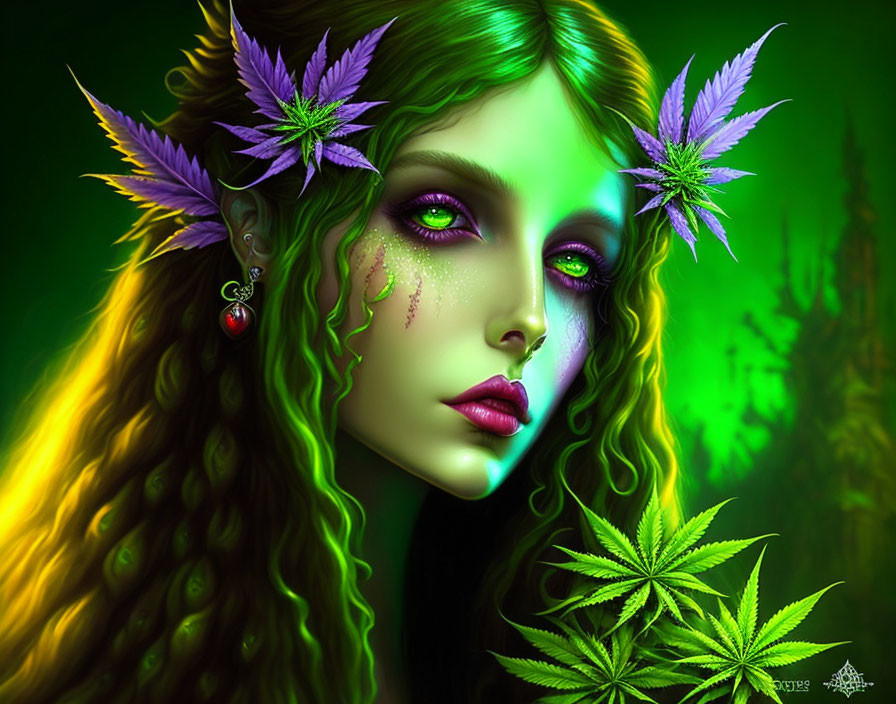 Fantasy Woman Digital Portrait with Green Skin and Cannabis Leaves