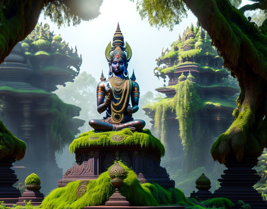 Tranquil forest scene with lush greenery and Hindu deity statue