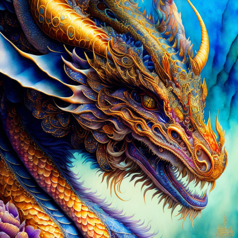 Detailed mythical dragon illustration in vibrant blue and gold hues