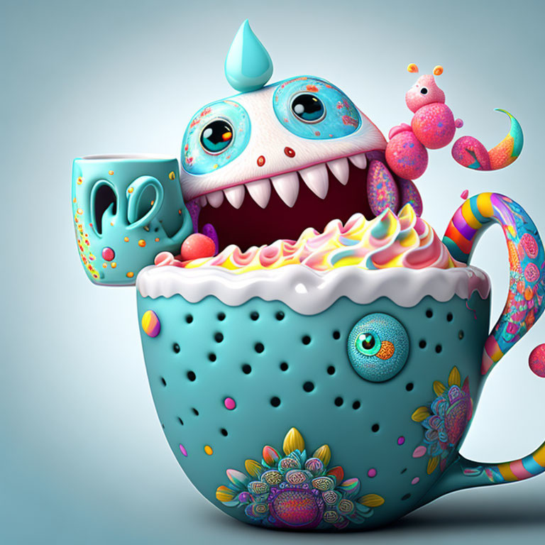 Colorful one-eyed monster in teacup with sweets and teapot