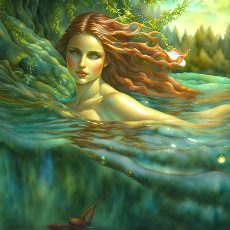 Mermaid with red hair in forest water scene