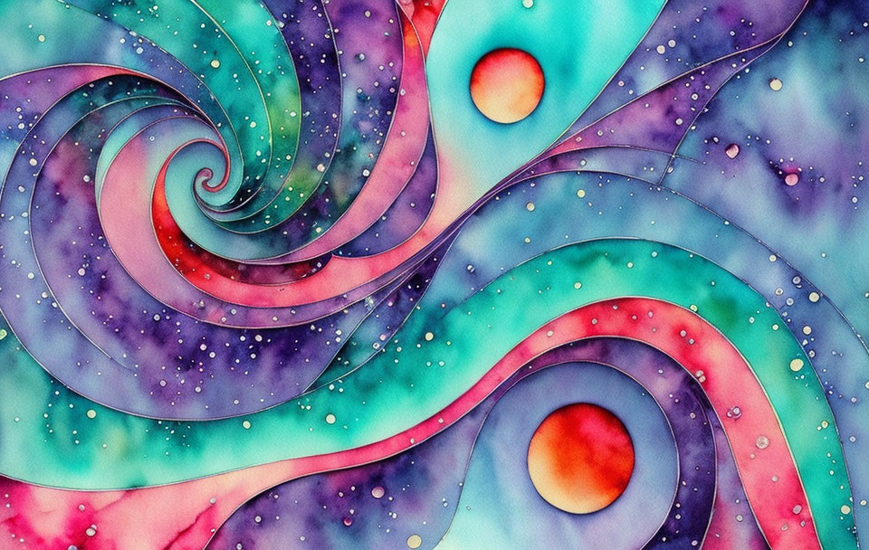 Vibrant Abstract Watercolor Painting with Swirling Patterns in Blue, Pink, Purple, and Red