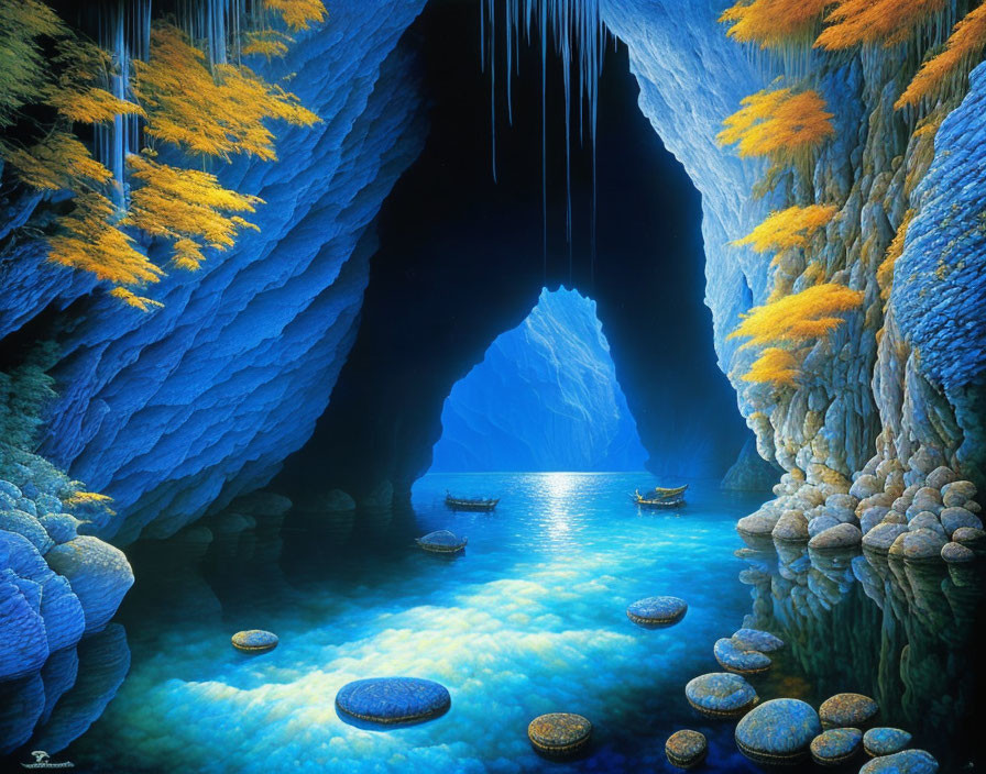 Crystal-clear Blue Cave with Illuminated Entrance, Boats, and Striking Yellow Foliage