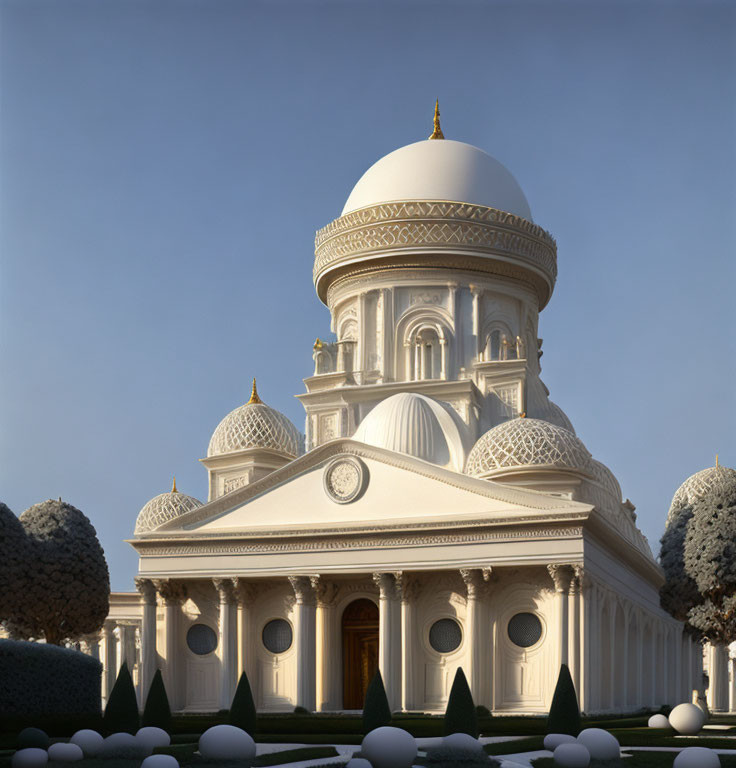 Intricate white domed structure with manicured surroundings