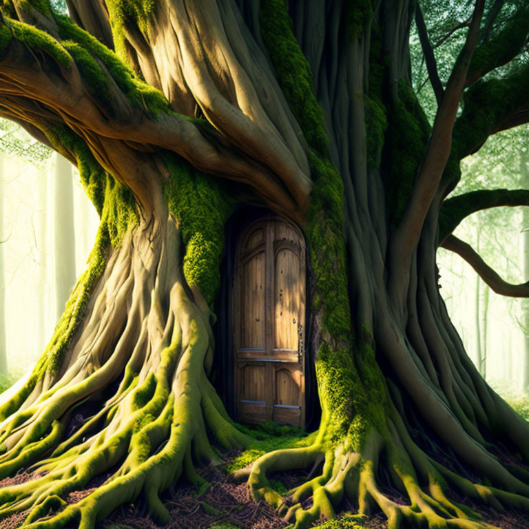 Mystical forest scene: gnarled tree with wooden door in roots