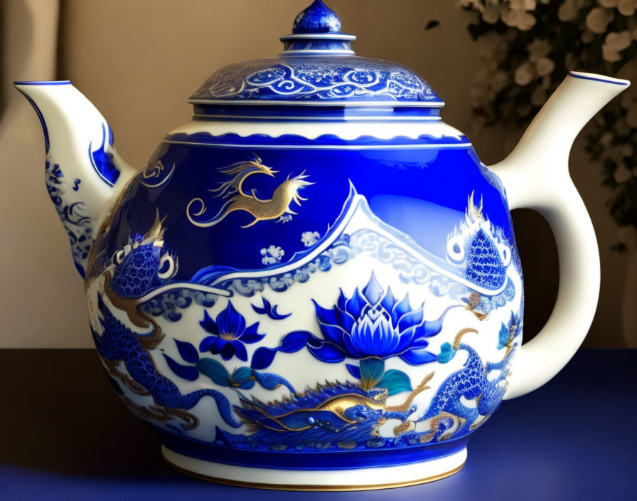 Blue and White Porcelain Teapot with Dragon and Floral Designs