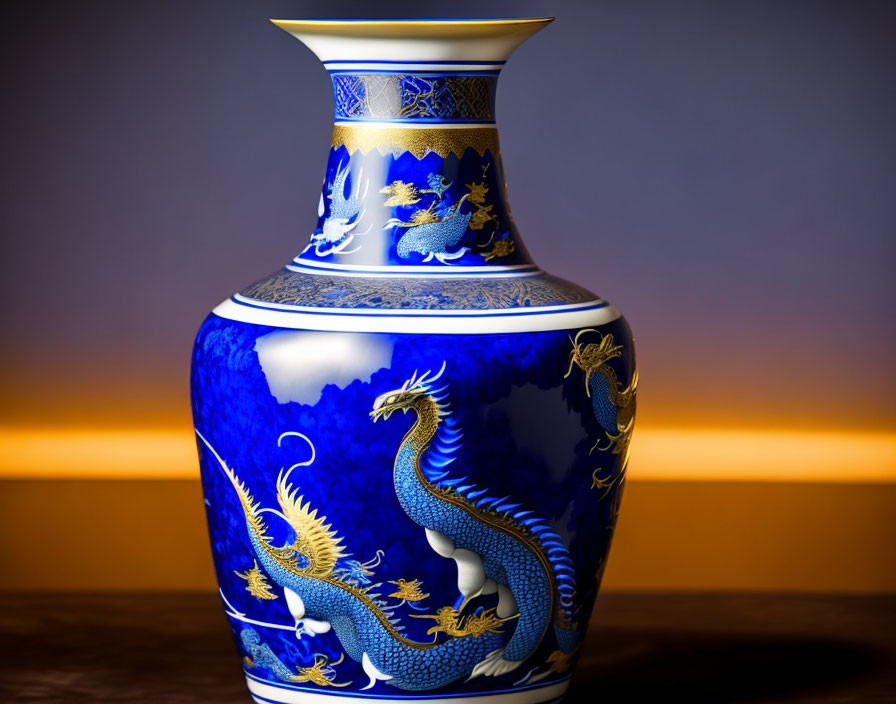 Blue and White Porcelain Vase with Golden Dragon Designs on Warm Gradient Background