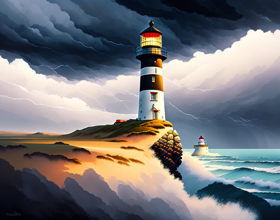 Striped lighthouse painting overlooking stormy sea with crashing waves