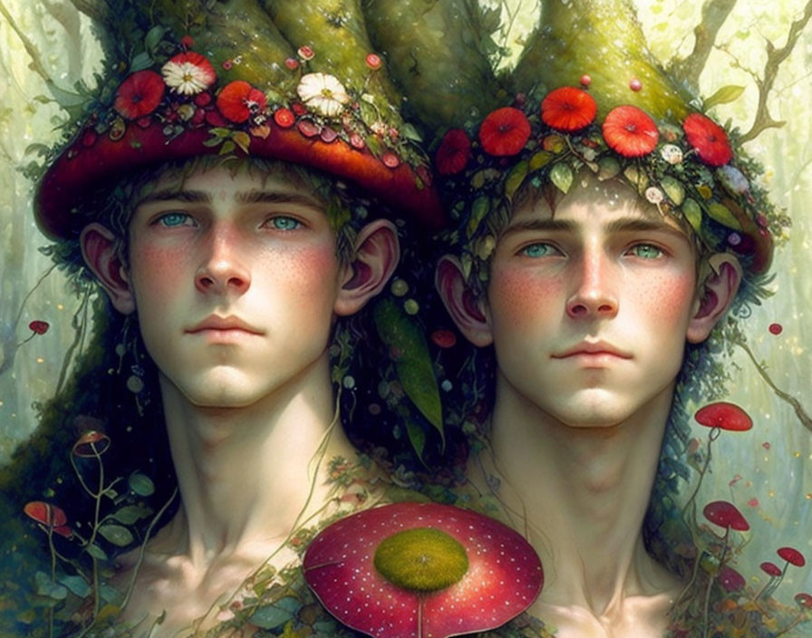 Identical fantasy beings with floral hats in lush greenery