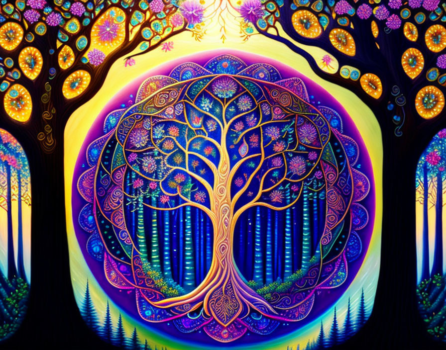 Colorful Psychedelic Tree Painting with Starry Background