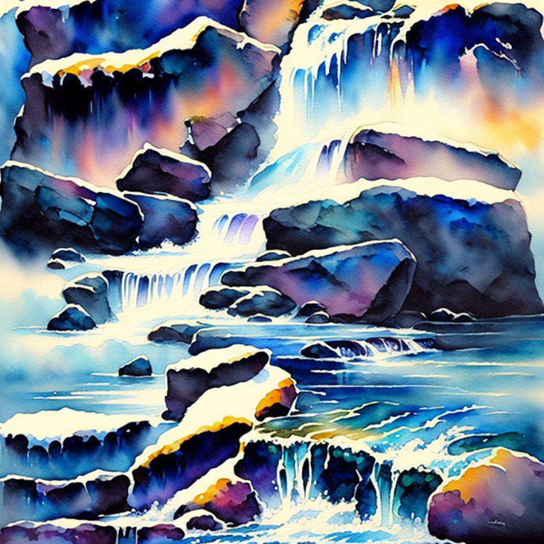 Vibrant Watercolor Painting of Cascading Waterfall