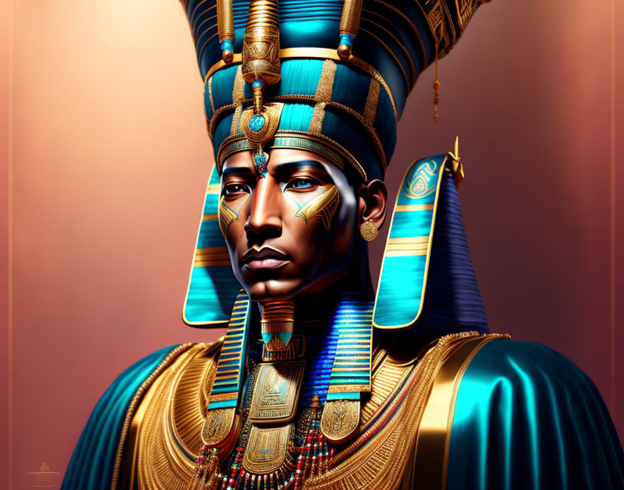 Digital portrait of a person in ancient Egyptian pharaoh regalia with headdress, collar, and gold