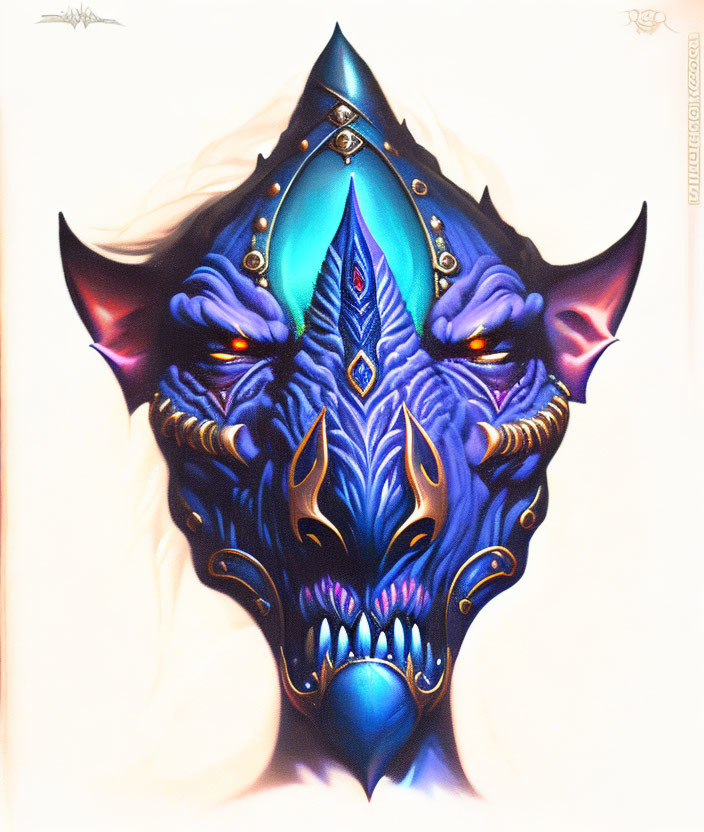 Symmetrical blue and purple wolf creature with glowing eyes on cream background