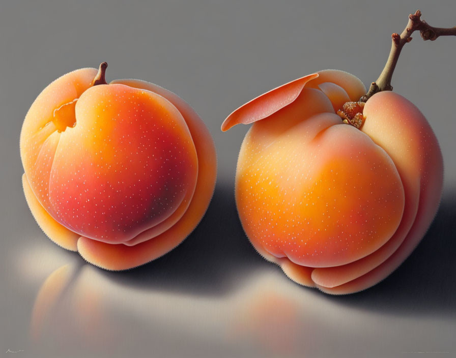 Hyperrealistic Painting: Two Apricots on Reflective Surface