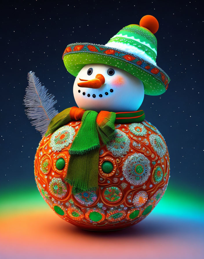 Colorful Snowman with Orange Base and Sombrero in Starry Night