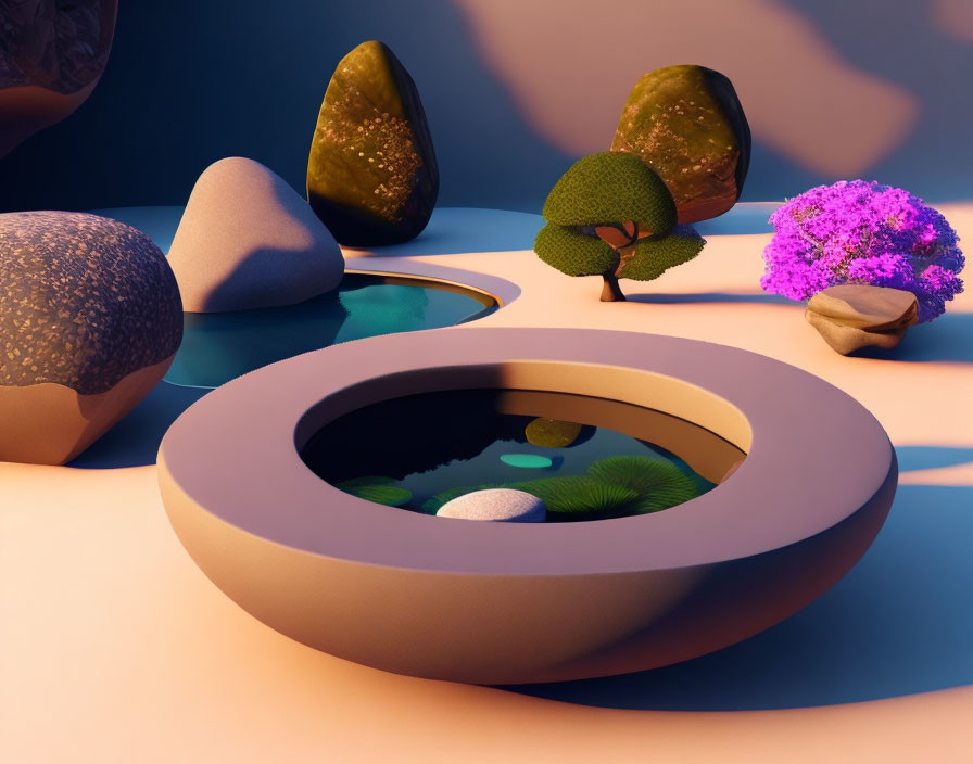 Stylized 3D Scene: Rocks, Trees, Pond & Stepping Stones