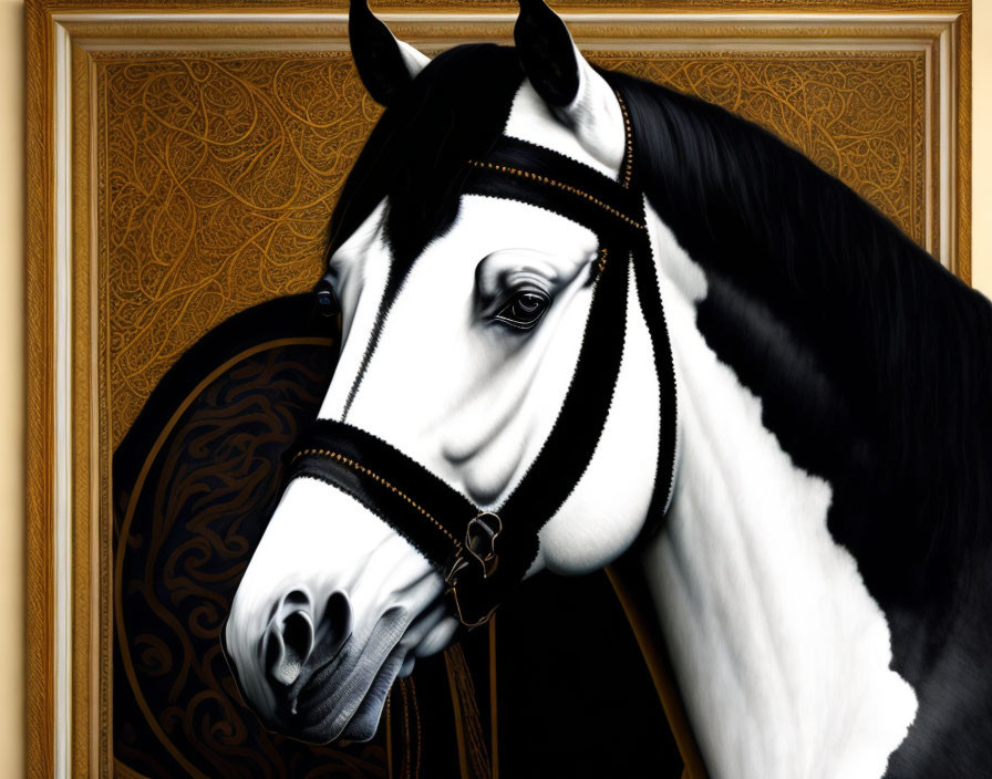 Realistic Black and White Horse Painting on Gold-Patterned Background