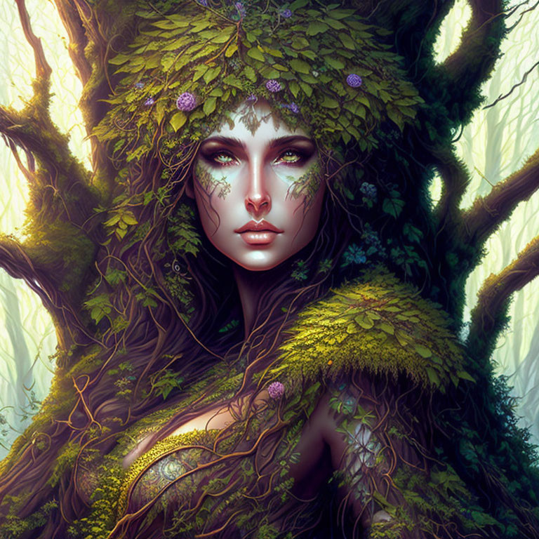 Fantasy illustration of woman with foliage and flowers, emitting mystical forest aura