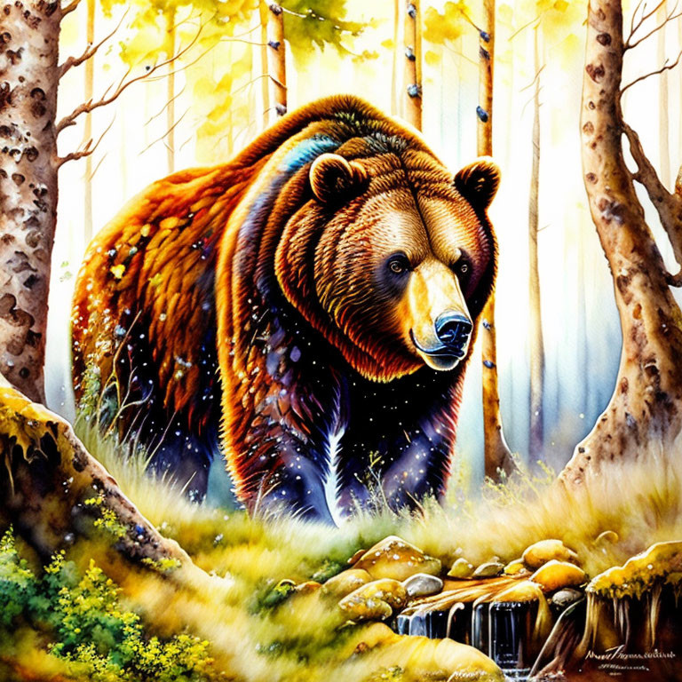 Brown bear in sunlit forest with golden leaves and small brook