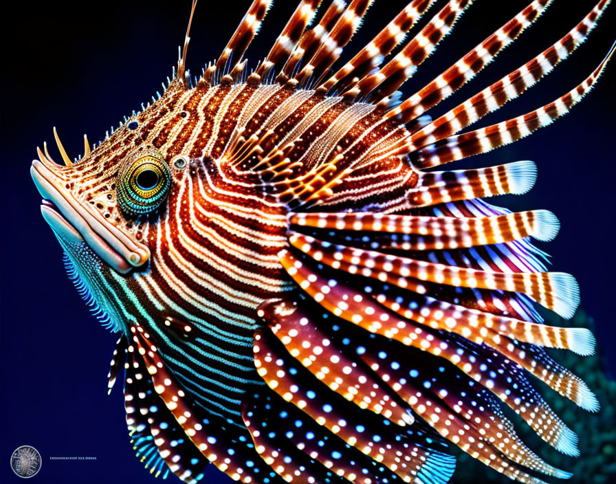 Colorful Lionfish with Elongated Spines on Blue Background