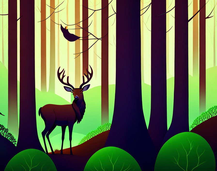 Forest illustration with tall trees, deer, and bird in green and violet hues