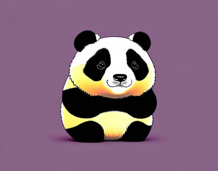 Stylized round panda with black and white pattern on purple background