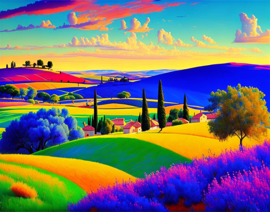 Colorful Sunset Sky Over Vibrant Landscape with Rolling Hills