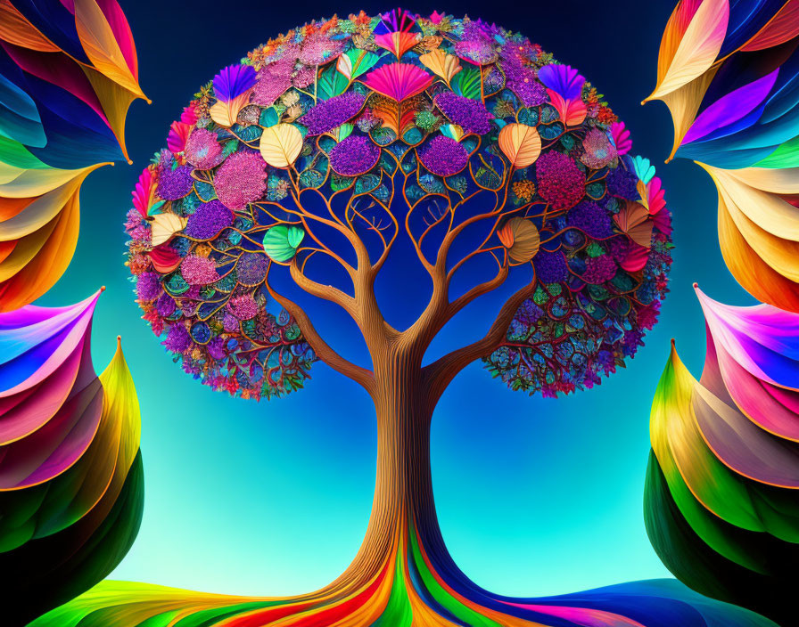 Colorful whimsical tree digital artwork on blue background