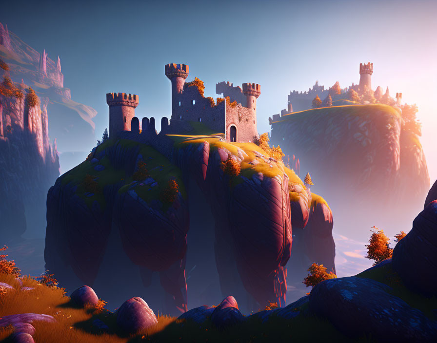 Medieval castles on fantastical rock formations at sunset