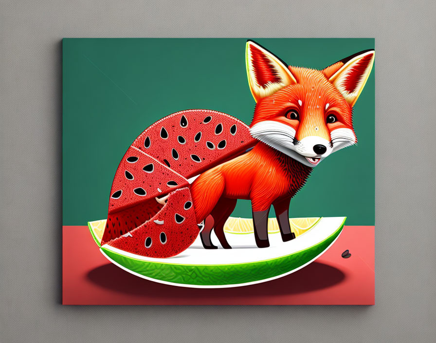 Fox digital artwork with watermelon and strawberry textures on canvas.