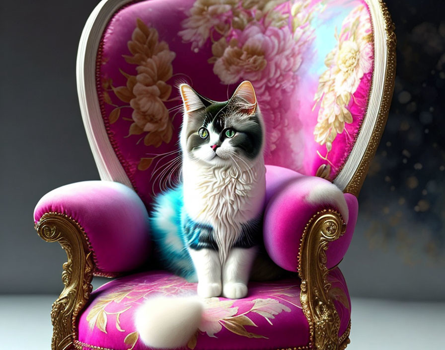 Fluffy cat with blue eyes on ornate purple chair