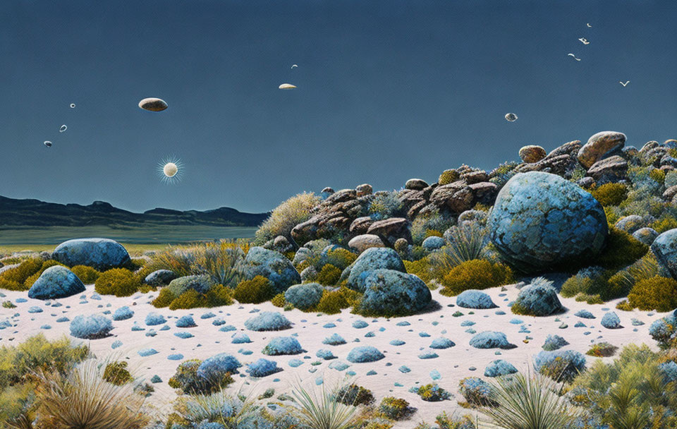 Surreal landscape with floating stones and bright sky scenery