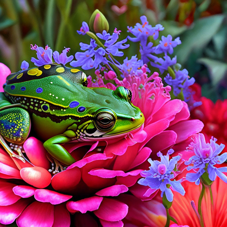 Colorful Frog on Pink Flower Surrounded by Purple Blooms