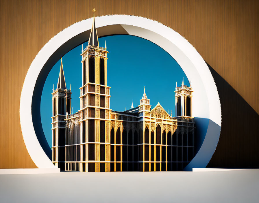 Gothic Cathedral Model Through Round Cutout in Wooden Wall