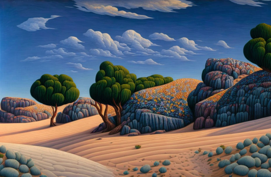 Vibrant landscape with blue skies, sandy hills, flower fields, trees, and rock formations